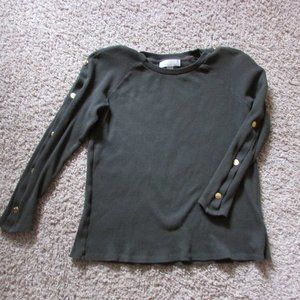Michael Kors Medium Dark Green Ribbed Knit Thermal Gold Accent Buttons Top